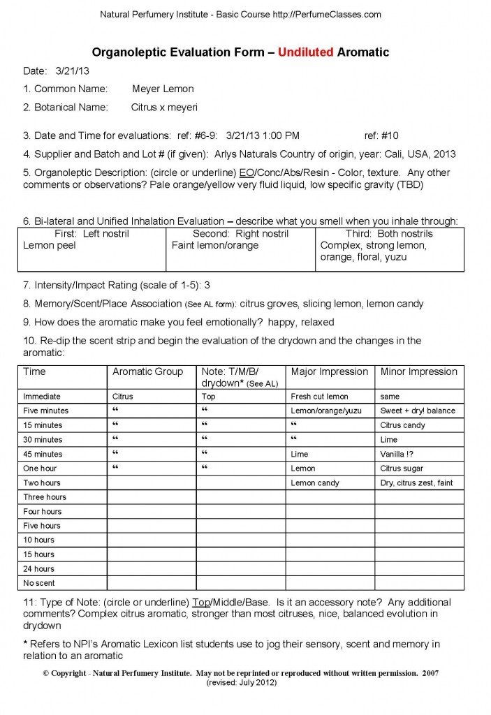 Organoleptic Evaluation Form (OEF) by Anya McCoy for Meyer Lemon oil - click to enlarge